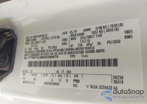 2019 Ford F-150 Xl из США, поврежденный, VIN 1FTNF1C49KKD90970